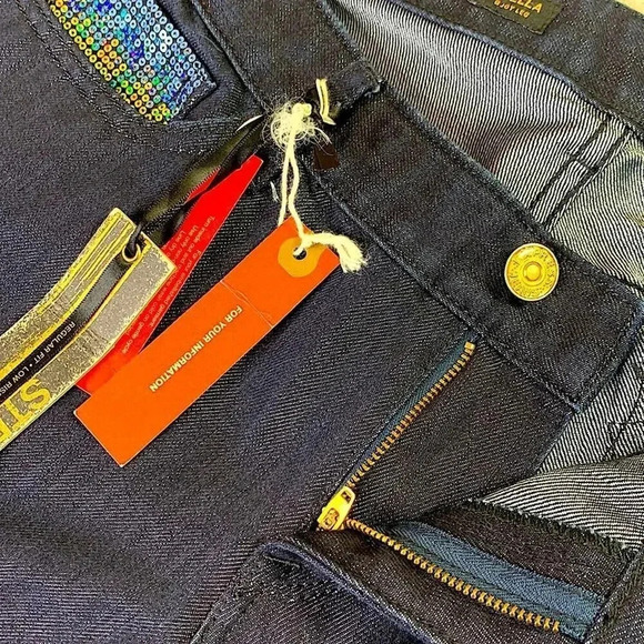 Express New Stella Boot Leg Embellished Denim Blue Waxed Jeans Sequins Size 12 - Picture 7 of 14